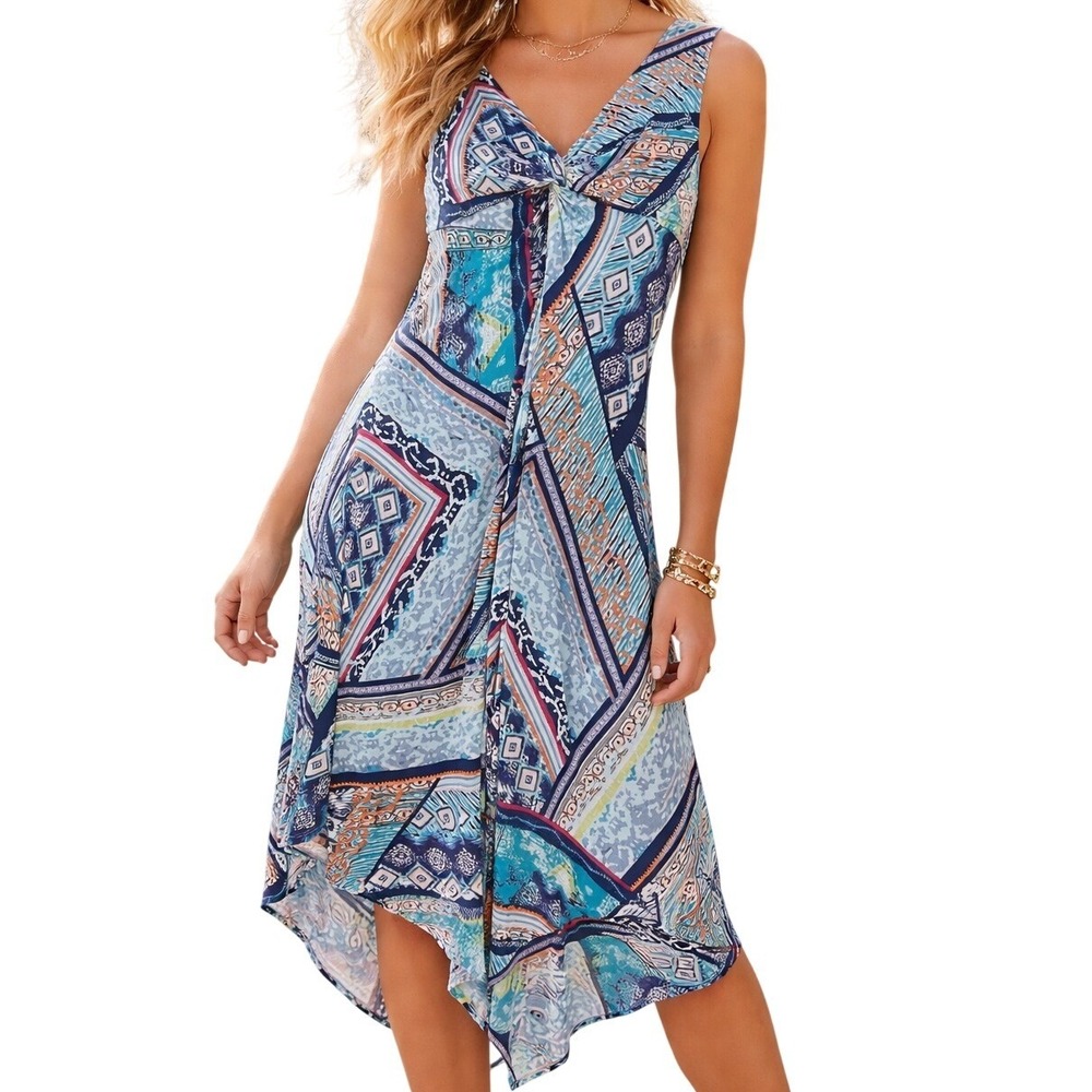 Chico's Women Blue Geometric Ikat Knot Front Sharkbite Midi Dress 0 XS‎ S Small